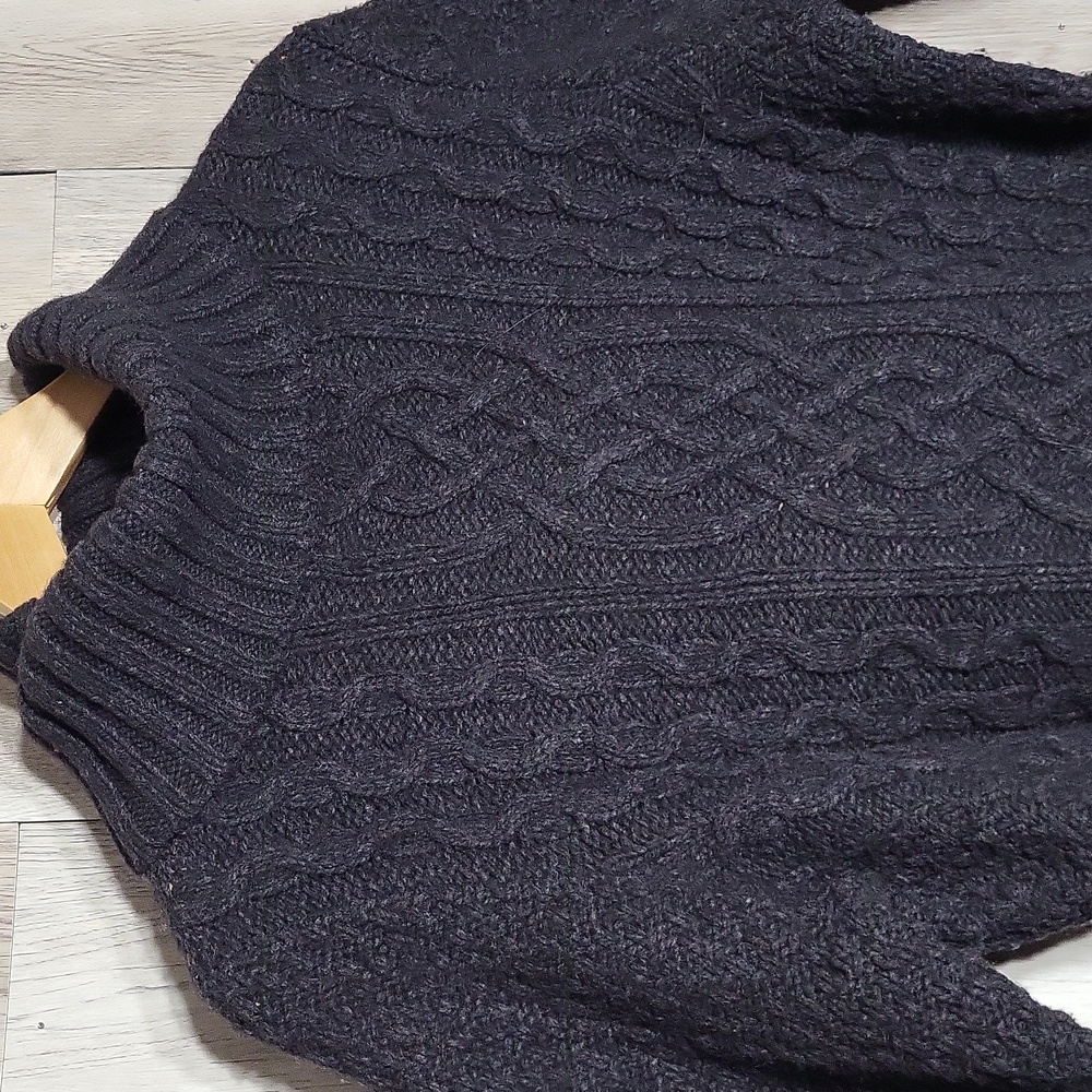 Eddie Bauer Women L Black Lambswool Chunky Cable Knit Relaxed Turtleneck Sweater